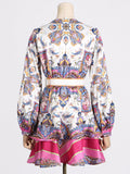 Dadizhimu Wind Print Lotus Leaf-Side Dress 2025 Summer New V-Neck Lantern Sleeves To Close The Waist Thin Skirt Woman