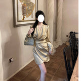 Dadizhimu Collar Long Sleeves Golden Lilyded Shiny Dress Femininity Folds Thin-Buttoned Dress