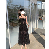 Dadizhimu Black Jacarnous Sling Dress French Sexy Bra Dress Micro-Permeal Skirt Long Waist Skirt