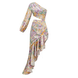 Dadizhimu Women's Fashion Sexy Body Repair Kite Skirt Slant Shoulder Crumid Flowers Irregular Lotus Leaf Dress Woman