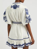 Dadizhimu Style Single Row Buckle Bubble Sleeve Skirt 2025 New Retro Embroidery Sketch Design Short Dress Women's Summer