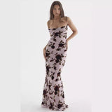 Dadizhimu Trendy Sweet Romantic Pink Rose Floral Dress Chic Design Feel-Back Strap Strapped Skirt Seaside
