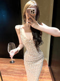 Dadizhimu Women's Nude Flash-Colored Back Light Luxury Party Birthday Sexy Dress Hanging Dress