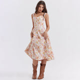 Dadizhimu Women's Spring Female Fish Bone Slings Broken Flower Dress Body Open Fork Long Skirt