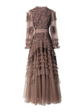 Dadizhimu And Autumn 2024 New Round Collar Retro Embroidery Weaving Mesh Wood Ear Heavy Industry Dress Dress Dress Woman