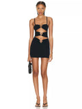 Dadizhimu Niche Metal Ring Steel Nails In The Chest Hollow Slings With Clothes Sexy Women's Banded Short Skirt