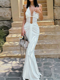 Dadizhimu Hanging Neck Folded Empty White Dress Woman Elegant Back Dress Dress Dress Banquet Femininity