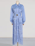 Dadizhimu 2025 New Women's Fashion Flip Lantern Long Sleeve Single Buckle Belt Lace Long Temperament Dress Woman