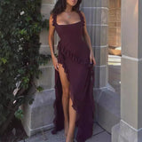 Dadizhimu Women's French Suspension Dress Design Sensual Spice Girls Sexy Open Fork Dress Red Chiffon Dress Summer