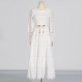 Dadizhimu Retro High-End Long Dress 2025 Spring New Hollow Tie Solid Color Waist Thin Dress Woman Trend