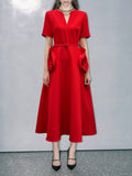 Dadizhimu Wind V-Neck Waist-Skinny Dress 2025 New Niche Design Sense Splicing Three-Dimensional Flower Dress Woman
