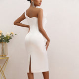 Dadizhimu High-End Sexy Decorative Flower Dress Fashion Slant Shoulder Big Flower Party Dress Long