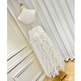 Dadizhimu Temperament V-Neck Net Yarn With Chest Cushion Ostrich Feather Beaded Flowers High Fork Thairy Long Skirt
