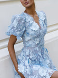Dadizhimu New French Elegant Three-Dimensional Flower Collage Fashion V-Neck Design Feel Waist Thin Dress Woman