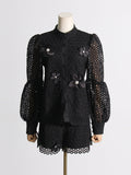 Dadizhimu New Design Embroidery Lace Fashion Suit Women Two Sets Of Lantern Sleeve Top + Casual Shorts Women