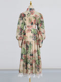 Dadizhimu Style Ticed With Waist Thin Collar Dress 2025 New Retro Print Design Long Dress Dress Women's Summer