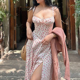 Dadizhimu Women's Sexy Bare Backs With Sling Dress Holiday Break Flower Fork Long Skirt