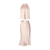 Dadizhimu Famous Lady Niche Design Gold Powder Champagne Top Tied With High-Waist Skirt Suit Female Summer