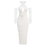 Dadizhimu Sexy Body Hanging Neck Dress Women Party Wearing Pearl Gloves Design Boutique Dress