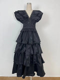 Dadizhimu And Summer 2024 New V-Neck Flying Sleeve Embroidery Splicing Wooden Ear Layer Mid-Long Dress Dress Australian Vacation