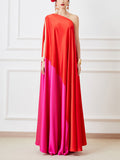 Dadizhimu Wind Loose Meatshade Oblique Shoulder Dress 2025 New Personality Splicing Bump Design Long Dress Women's Summer