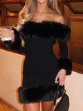 Dadizhimu Black Plush Long-Sleeved Shoulder Dress Autumn And Winter Women's Fur-Red Back Hottie-Bum Skirt