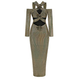 Dadizhimu Women's Sexy V-Neck Long-Sleeved Dress High-End Decorative Flowers Under The Fork Dress Long Model