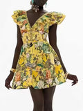 Dadizhimu Trendy Design Dress 2025 New Fashion Flying Sleeve Print Lotus Leaf Side A Short Skirt Woman Trend