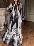 Dadizhimu Mesh Dress 2025 New Retro Ink Print Design Waist Long Dress Dress Woman