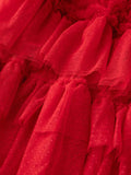 Dadizhimu 2024 Spring And Summer New Women's Round Neck Short Sleeve Mesh Yarn Ear Layer Red Banquet Dress Dress