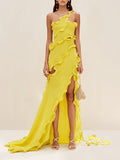Dadizhimu Wind One-Shoulder Dress Dress 2025 Summer New Splicing Wood Ear Slim Slim Open Fork Dress Woman