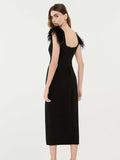 Dadizhimu Dress Square Collar Dress Elegant Bow Feathers Sleeveless Bandage Sexy Dress
