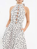 Dadizhimu Feel Dress Women 2025 New High-Necked Sleeveless Design Bow Wave Dot Long Skirt
