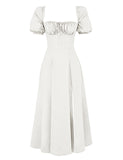 Dadizhimu Women's Dress French Fashion Elegant Floral Long Dress Female Bare Backs Open Fork Bubble Sleeve Dress