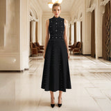 Dadizhimu Elegant Wind 2025 Spring New Nail Beads Diamond Ring Collar Sleeveless Waist Slim Slimmed A-Word Dress