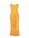 Dadizhimu Autumn Women's High-End New Mesh Sling Sling Folds Irregular Sleeveless Dress Fashion Design Long Dress