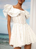 Dadizhimu 2025 New High-End Feeling Shoulder Lotus Leaf Embroidery Waist Thin Holiday Dress Dress Dress Dress Woman