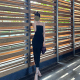 Dadizhimu Temperament Folded Thin Elastic Brush Chest Open Fork Dress Solid Color Dress Shoulder Small Dress Dress