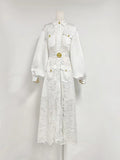 Dadizhimu 2025 New Women's Fashion Flip Lantern Long Sleeve Single Buckle Belt Lace Long Temperament Dress Woman
