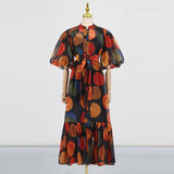 Dadizhimu Wind Mesh Dress 2025 New Printing Design Tice With Waist Display Lanky Dress Dress Women's Summer