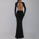 Dadizhimu Sexy V-Necked Long-Sleeved Dress Waist Decor Flower Open-Forked Pouse Dress Dress Dress Long