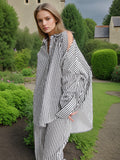 Dadizhimu And South Korea Simple Wind 2025 Spring New Fashion Niche Slanted Shoulder Hollow Striped Straight Trouser Shirt Set Female Trend