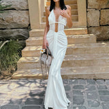Dadizhimu Hanging Neck Folded Empty White Dress Woman Elegant Back Dress Dress Dress Banquet Femininity