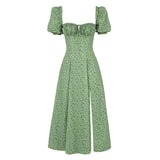 Dadizhimu Women's Dress French Fashion Elegant Floral Long Dress Female Bare Backs Open Fork Bubble Sleeve Dress
