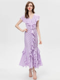 Dadizhimu New Short-Sleeved Lotle Side New Spring And Summer 2024 Body-In-En-Brician Elegant Folded Fish Tail Mid-Long Dress Dress