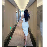 Dadizhimu Bean Green Dingy Noodles With Thin And Irregular Breast-Skin Sling Dress Moonlight White Open Fork Long Skirt