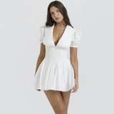 Dadizhimu Sexy Deep V Bubble Sleeve White Bow Short Skirt To Thin French Dress Women's Dress