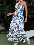 Dadizhimu Temperament Elegant Wind 2025 Spring New Strap High-Waisted Flower Swinging Leaves Side Cake Dress Dress