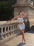 Dadizhimu Women's Flash Diamond Body Sling Short Vest Leaking Waist-To-Swear Two-Piece Hottie Dress