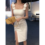 Dadizhimu Temperament White Bows And Shoulders Sexy Annual Simple Elegant Dress Bodybling Buffet Dress Dress With
